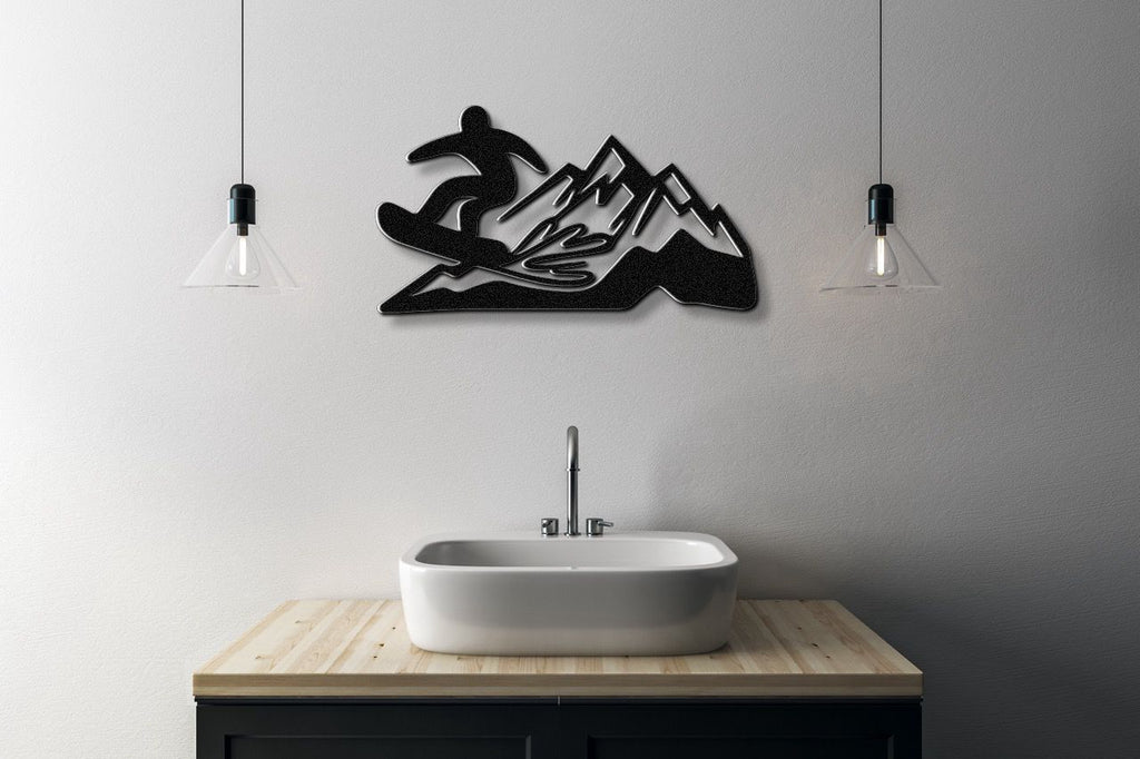 Snowboarder with Mountains Metal Wall Art