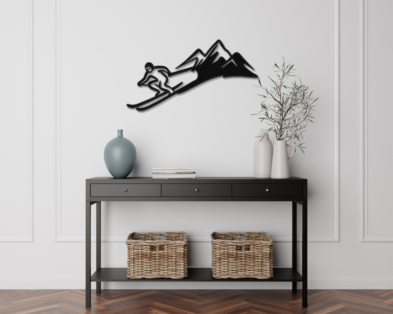 Skier and Mountain Metal Wall Art