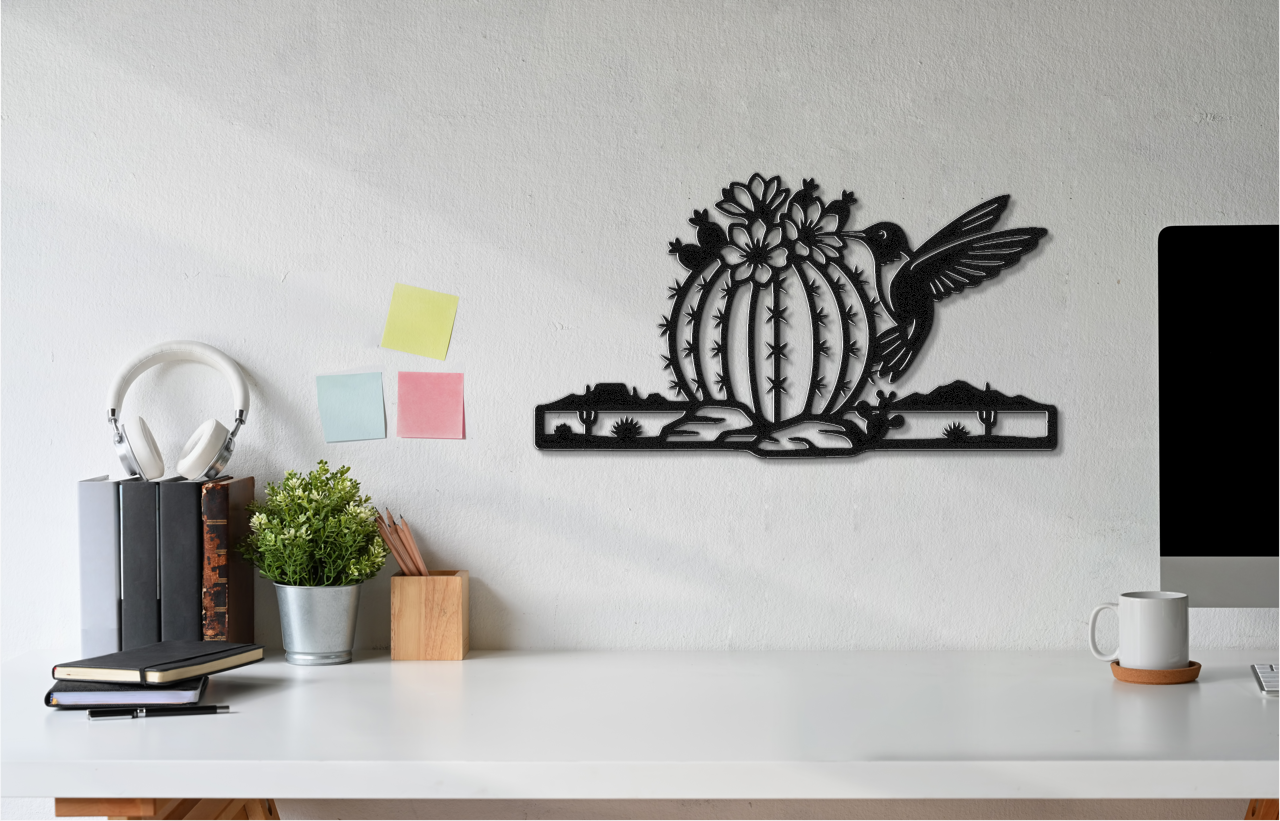 Hummingbird and Barrel Cactus Metal Wall Art