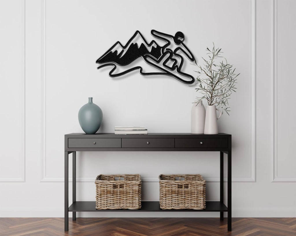 Snowboarder with Mountains Metal Wall Art