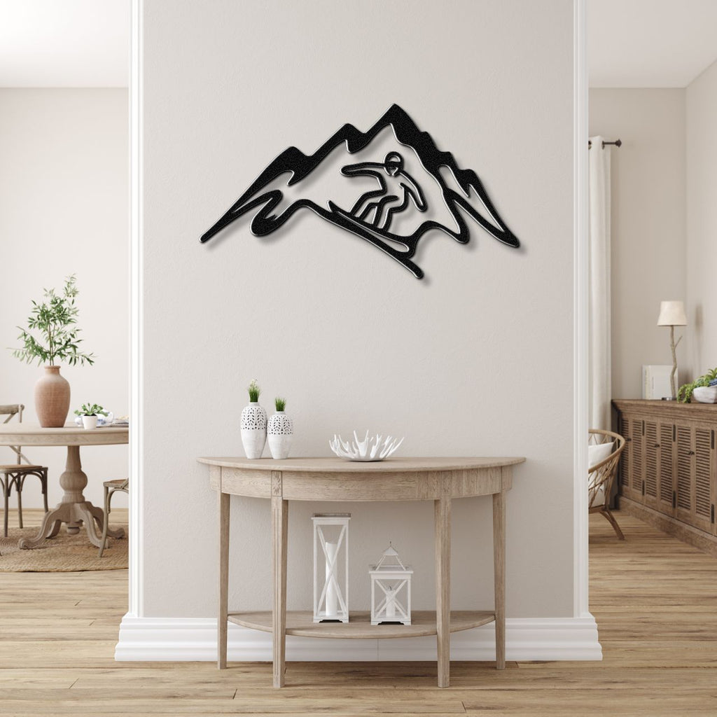 Snowboarder with Mountains Metal Wall Art