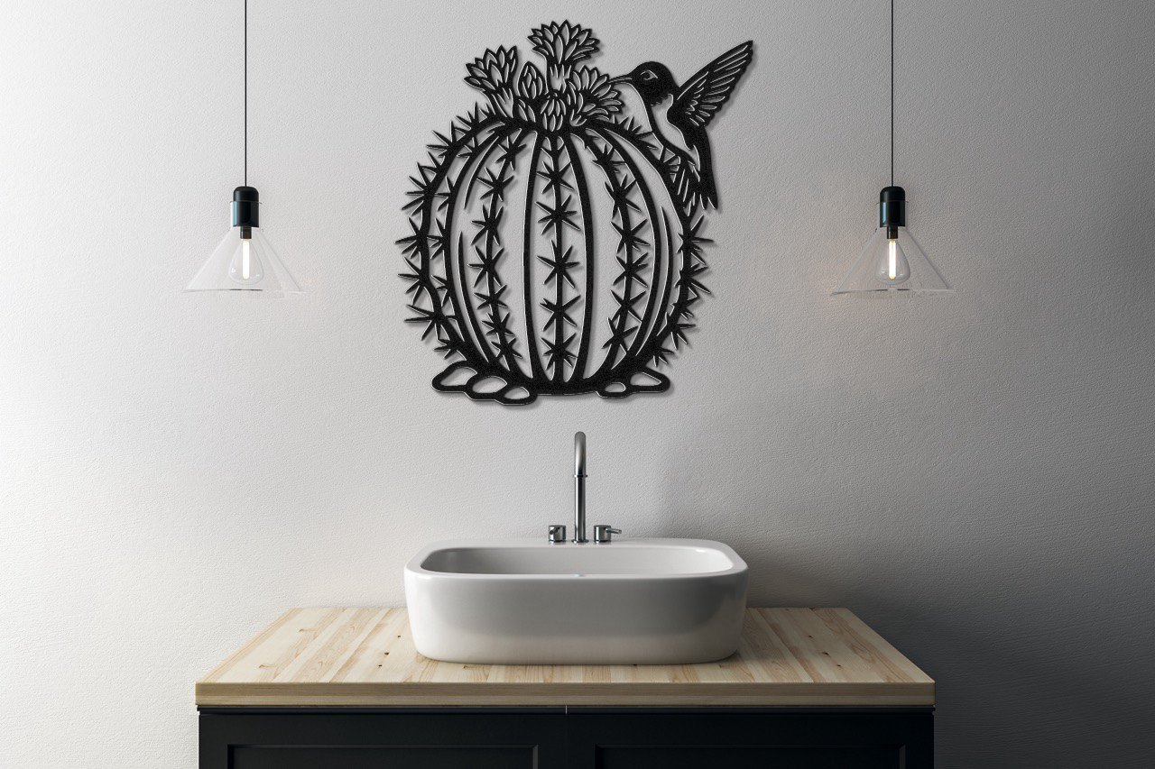 Hummingbird and Barrel Cactus Metal Wall Art