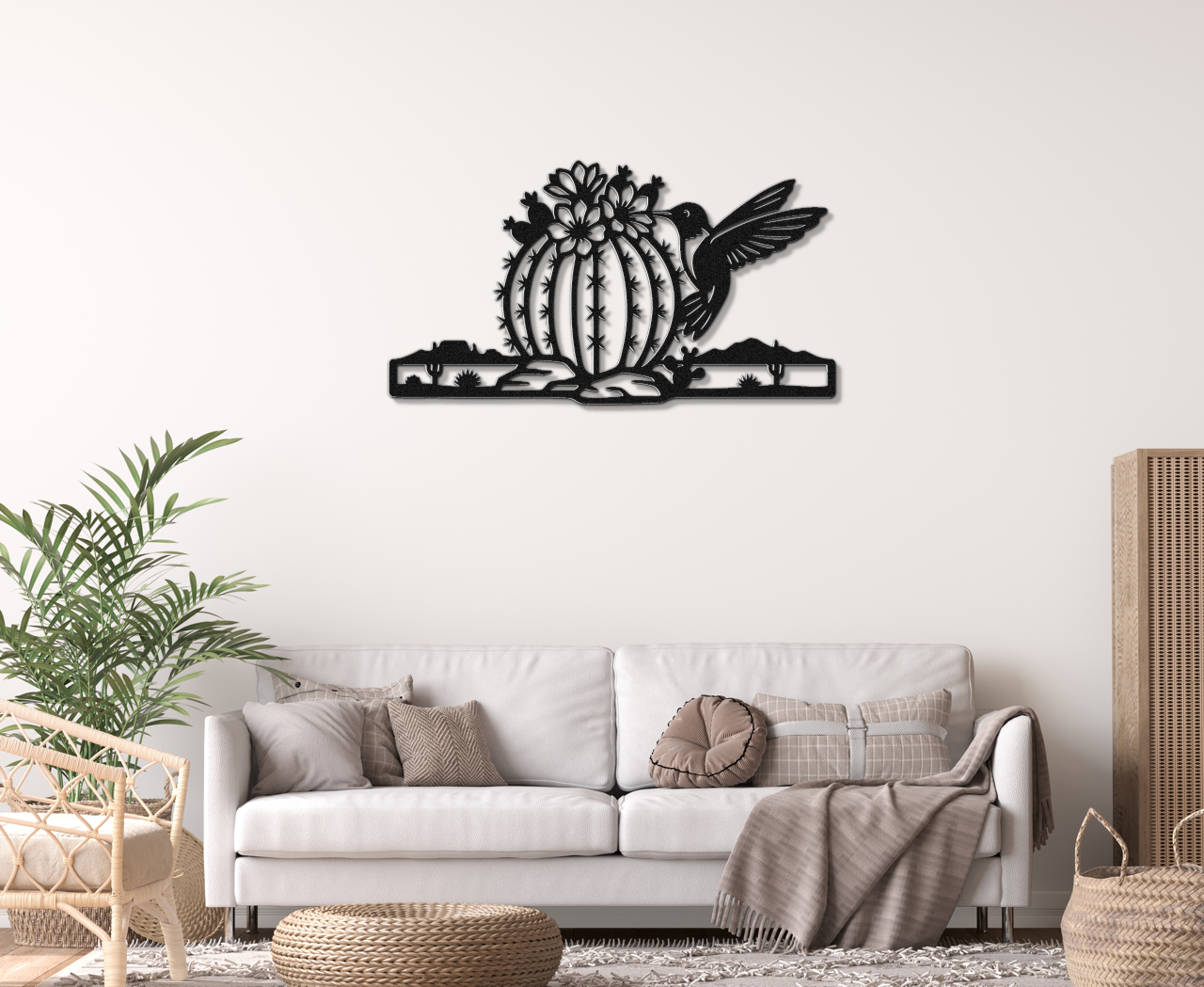 Hummingbird and Barrel Cactus Metal Wall Art