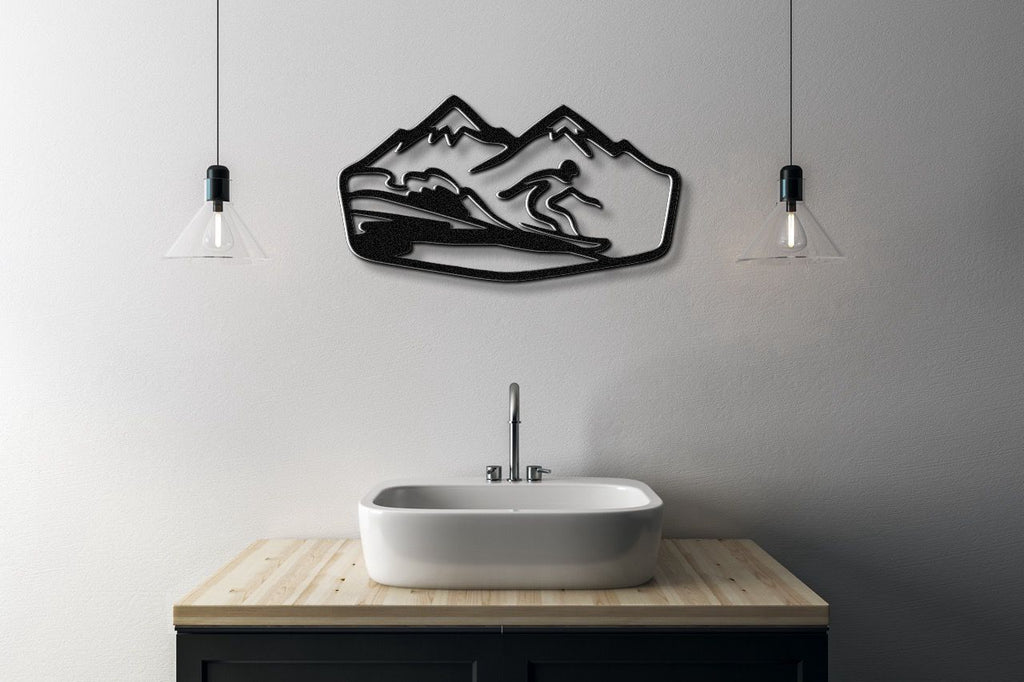 Snowboarder with Mountains Metal Wall Art