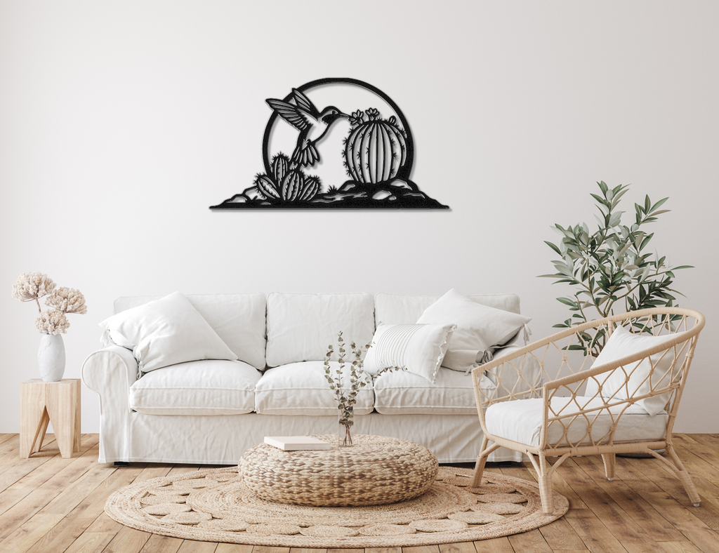 Hummingbird and Barrel Cactus Metal Wall Art