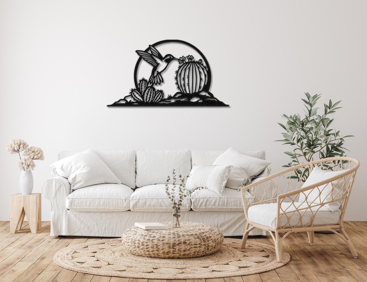 Hummingbird and Barrel Cactus Metal Wall Art