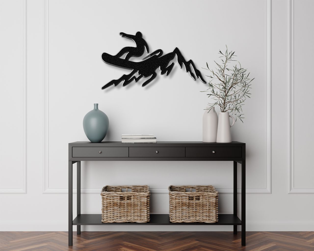 Snowboarder with Mountains Metal Wall Art