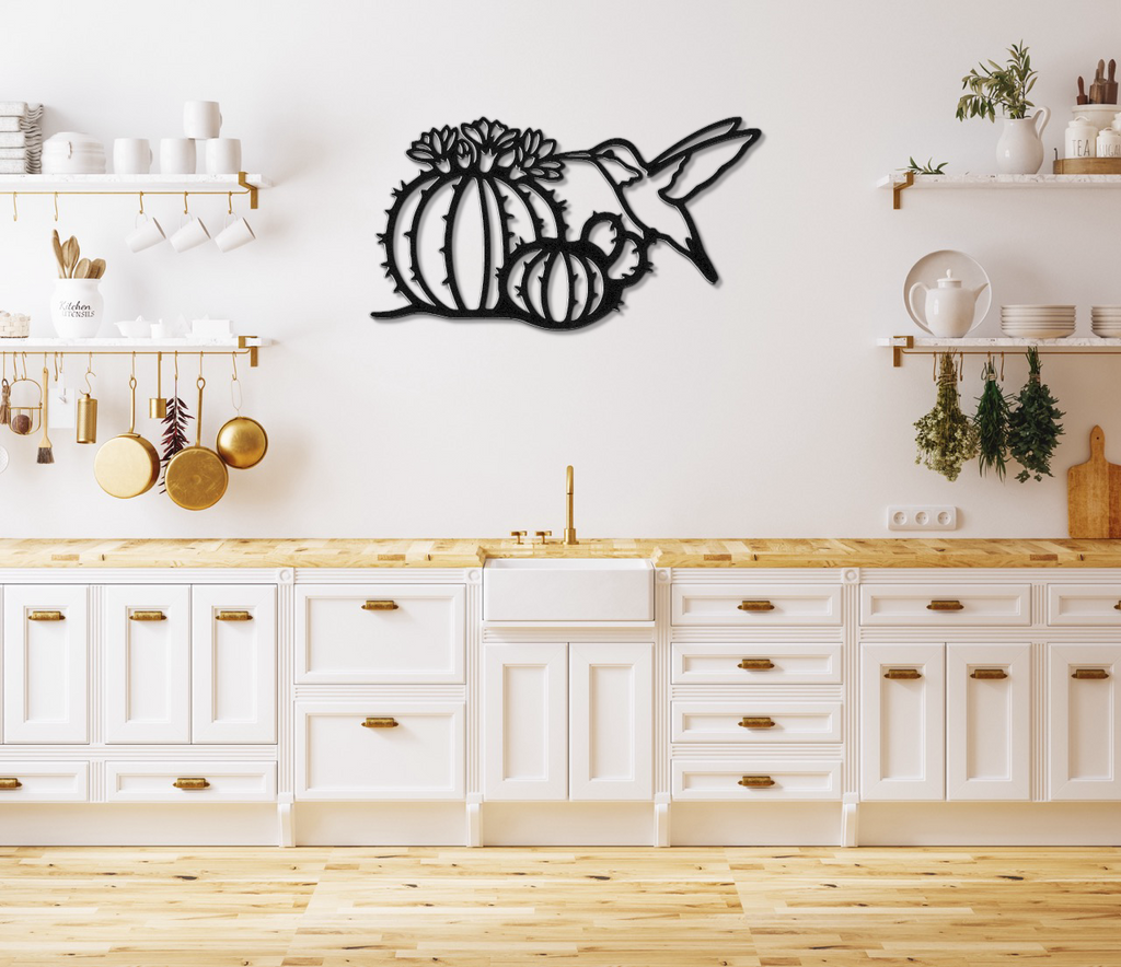 Hummingbird and Barrel Cactus Metal Wall Art