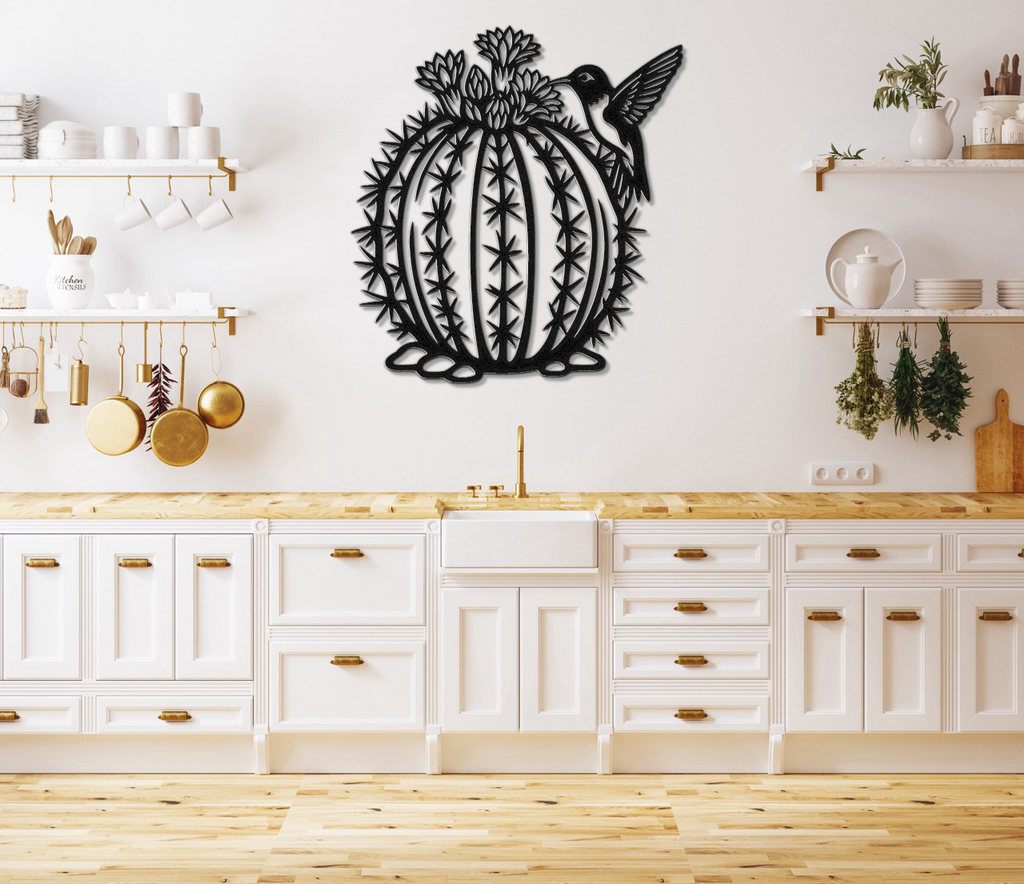 Hummingbird and Barrel Cactus Metal Wall Art
