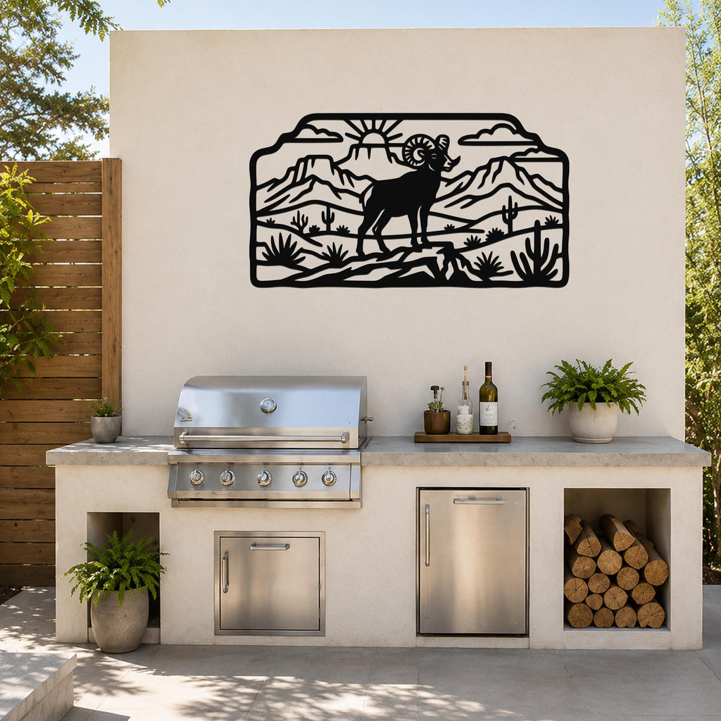 Bighorn Sheep Metal Wall Art, Bold Organic Wildlife Sculpture (Weatherproof Steel, Indoor Outdoor, Rustic Western Decor)