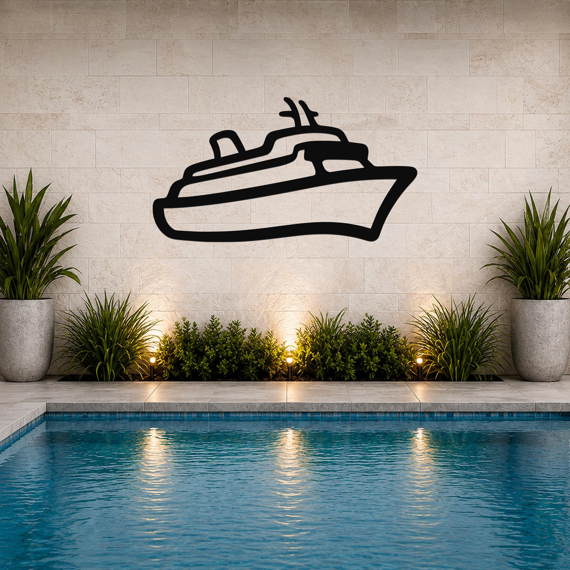 Cruise Ship Metal Wall Art: Coastal Minimalist Design, Weatherproof Steel (Powder-Coated Finish, Indoor Outdoor Use)