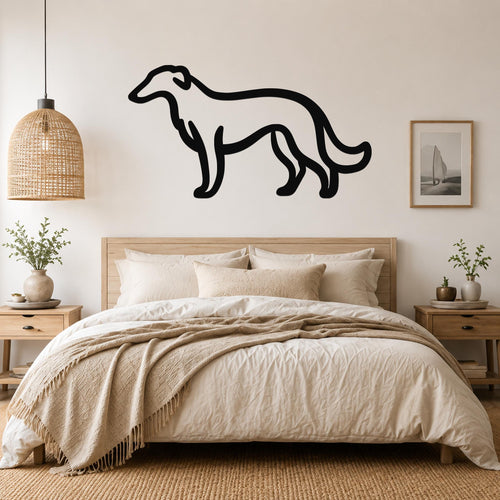 Black metal Borzoi dog wall art silhouette mounted above a wooden bed in a neutral bedroom.