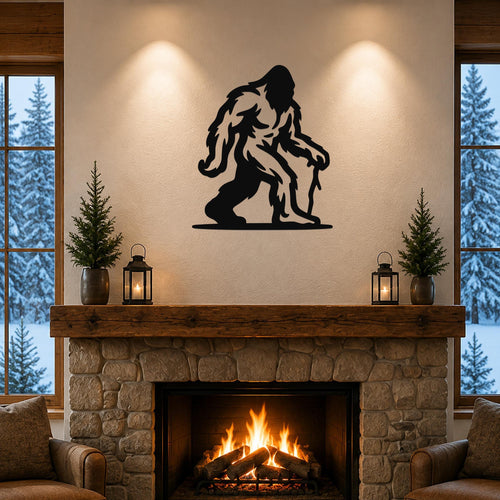 Black metal Bigfoot silhouette wall art mounted above a stone fireplace in a rustic living room with snow outside the windows.