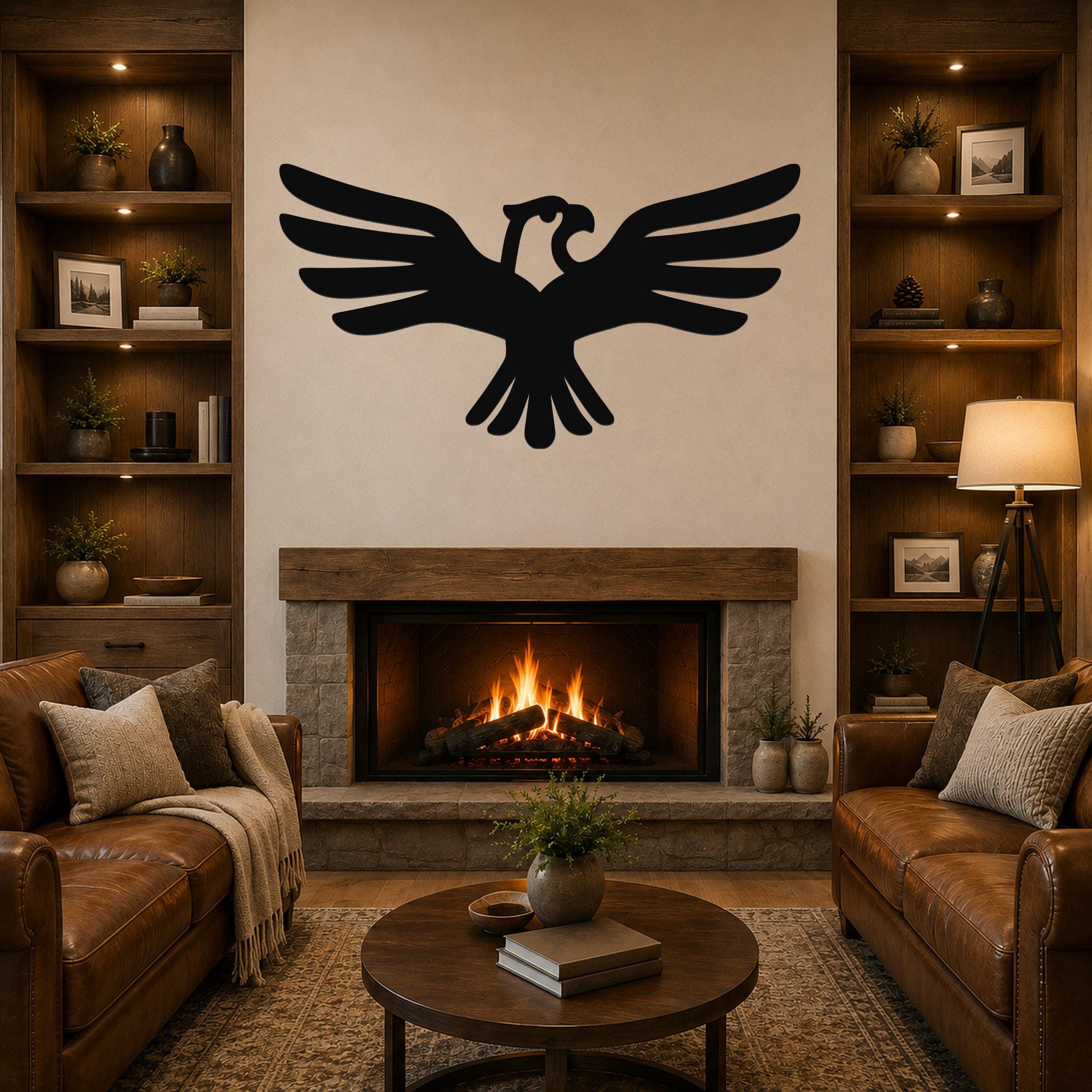 Black metal eagle wall art with outstretched wings and internal cutout details, mounted above a fireplace in a living room.