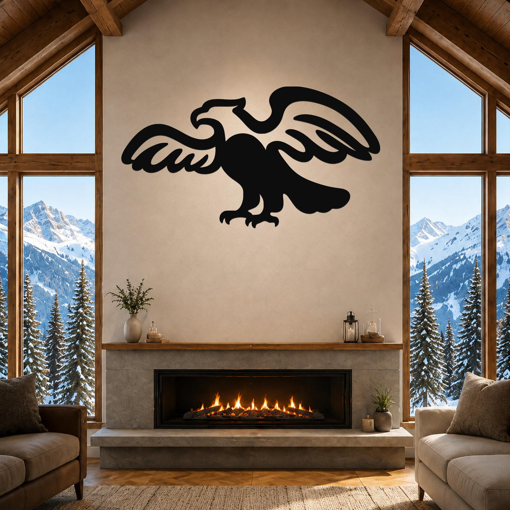 Black metal eagle wall art with outstretched wings and detailed silhouette, mounted above a fireplace in a rustic living room with mountain views.