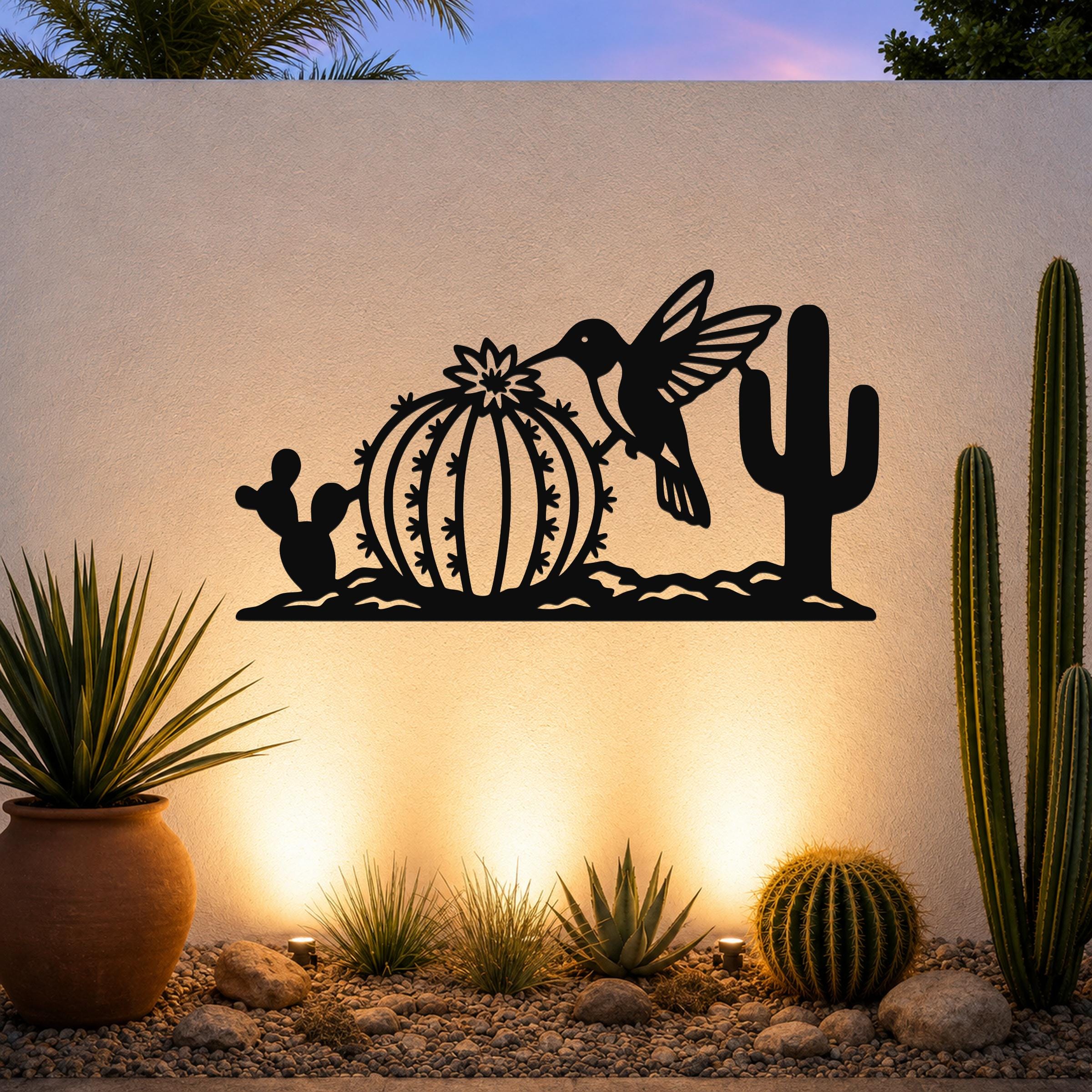 Southwestern Decor Metal Wall Art - Desert Wildlife Sculpture Hummingbird And Barrel Cactus, Weatherproof, Indoor Outdoor Accent
