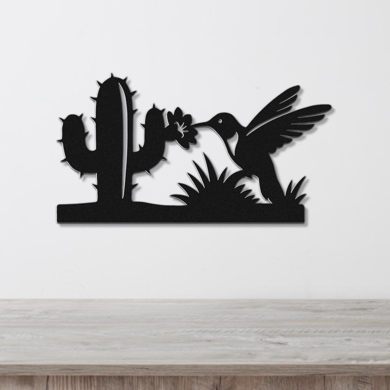 Southwestern Decor Metal Wall Art - Desert Wildlife Silhouette - Hummingbird and Saguaro Design, Steel, Indoor Outdoor Accent