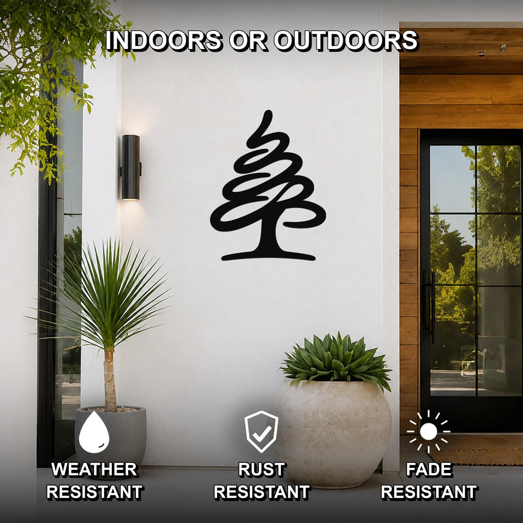 Black metal pine tree wall art silhouette mounted on a white exterior wall beside a glass door, with potted plants nearby and text indicating it is weather, rust, and fade resistant for indoor or outdoor use.