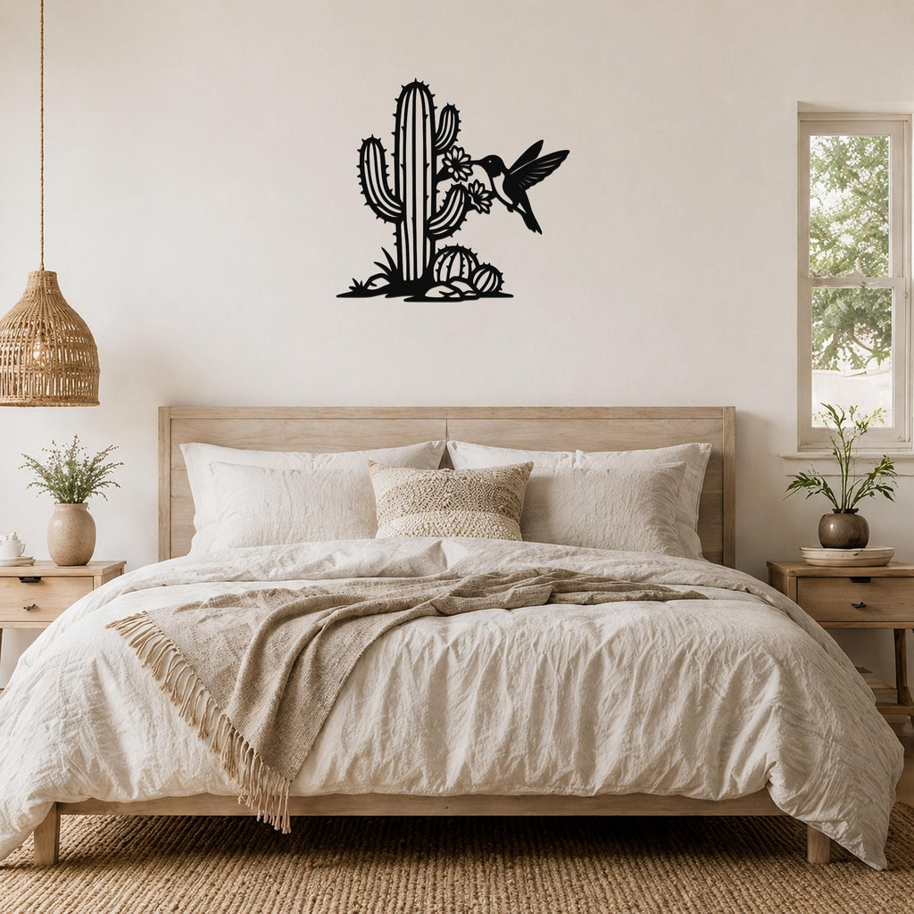 Southwestern Decor Metal Wall Art - Sonoran Desert Scene with Layered Cactus and Hummingbird - Weatherproof Steel, Indoor Outdoor Display