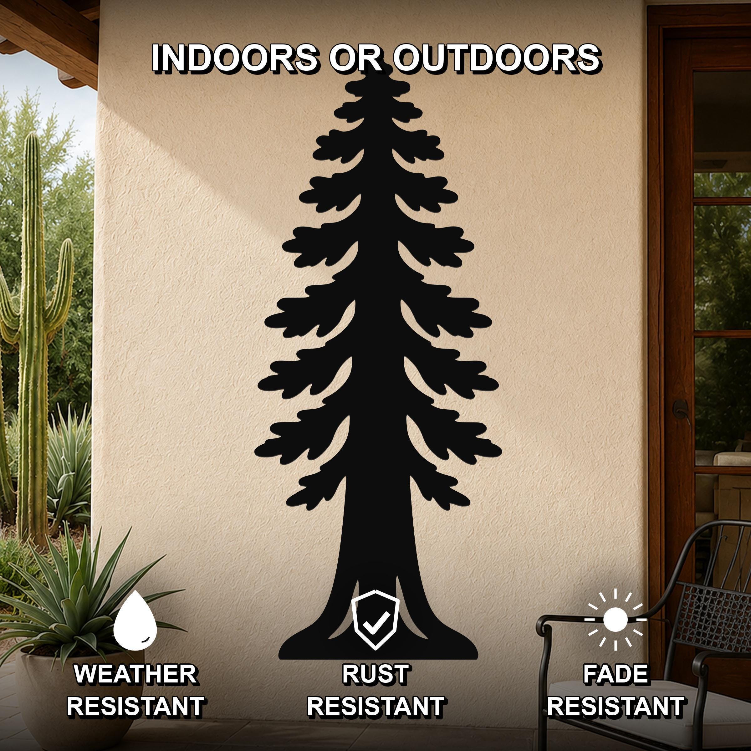 Black metal sequoia tree wall art with layered branch cutouts, mounted on an outdoor patio wall above a potted succulent.