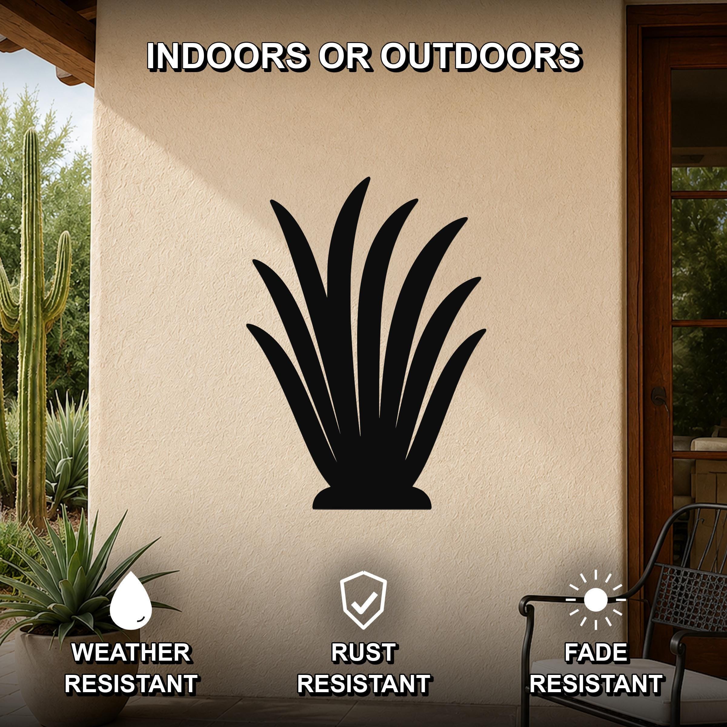Black metal agave wall art silhouette mounted on an outdoor patio wall, weather resistant, rust resistant, and fade resistant.