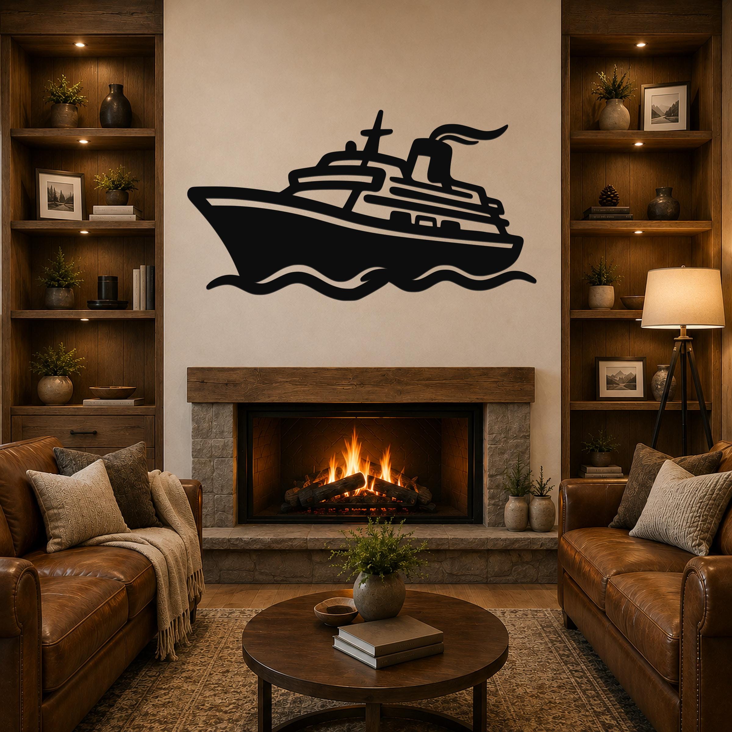 Black metal cruise ship wall art with wave cutouts, mounted above a fireplace in a living room.