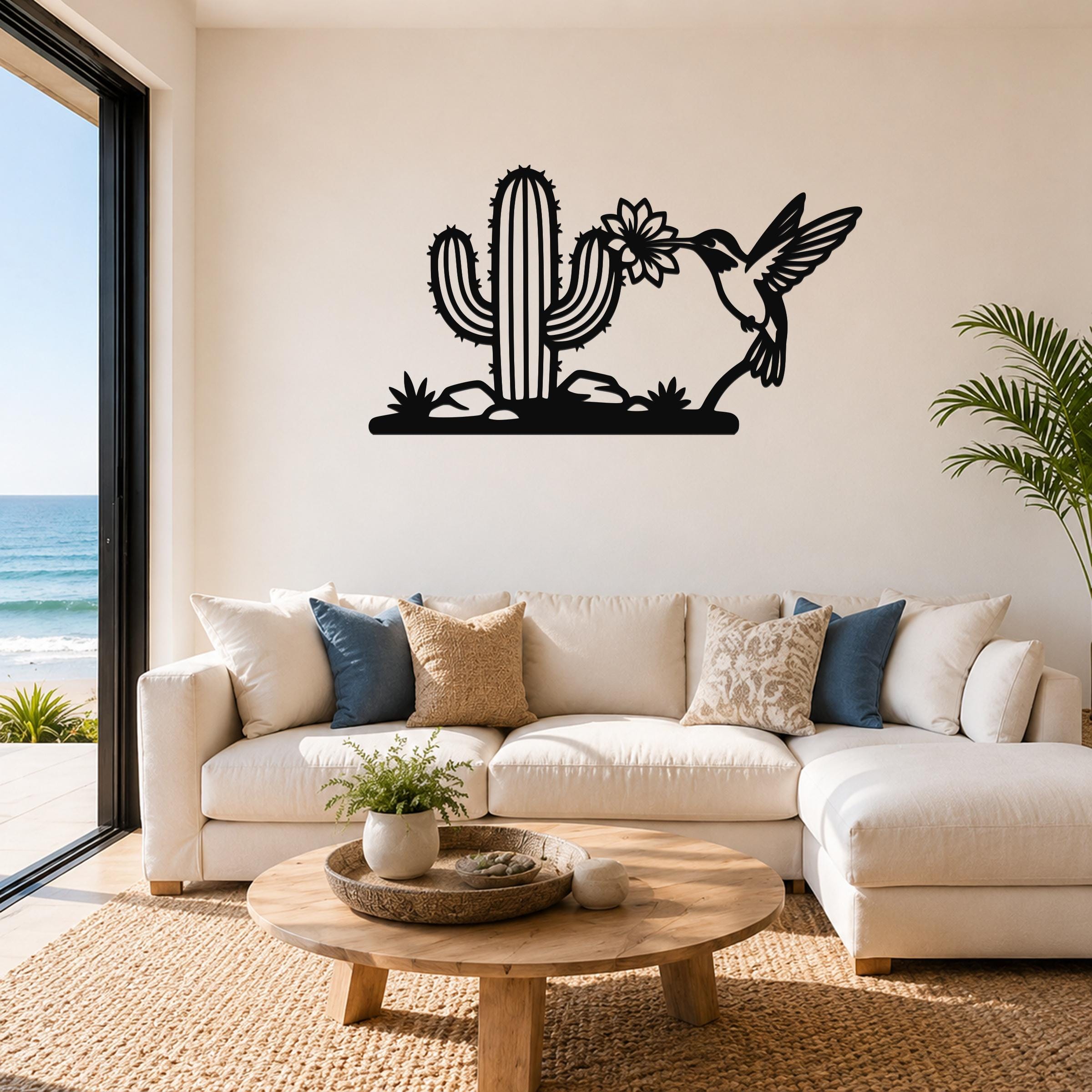 Metal Wall Art Desert Wildlife Sculpture - Sonoran Hummingbird with Saguaro Cactus, Weatherproof Steel, Indoor Outdoor Southwestern Decor