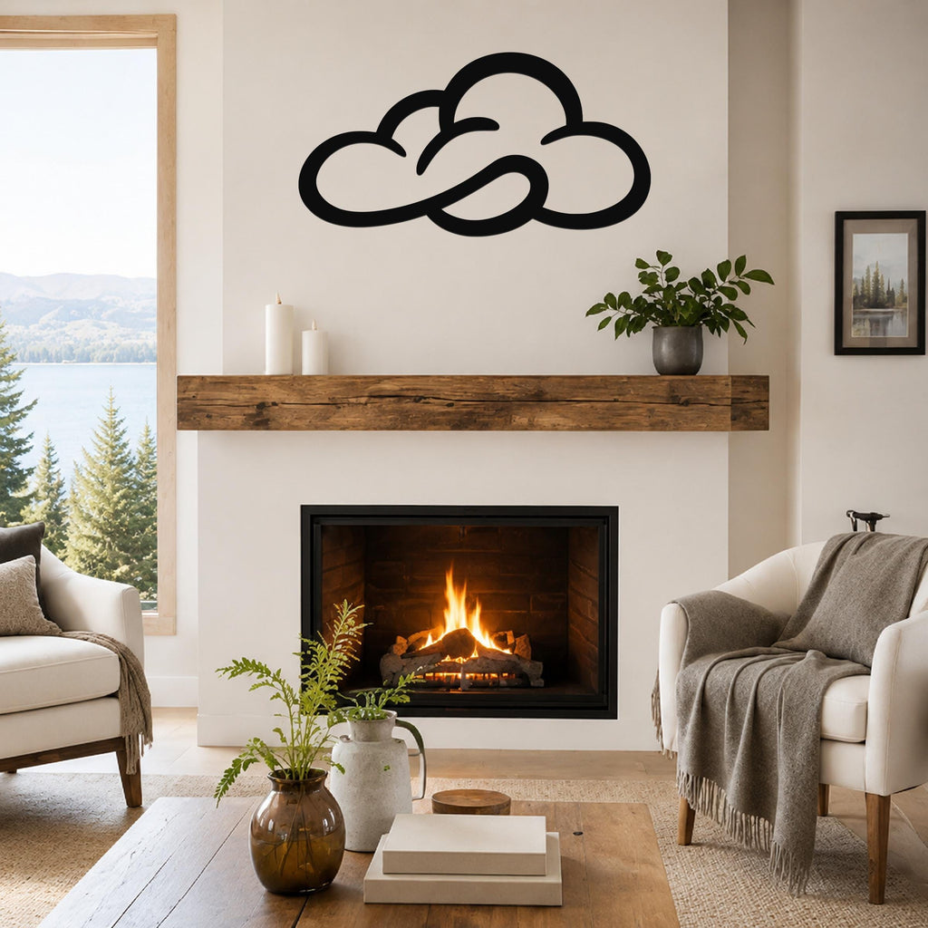 Black metal cloud wall art with open silhouette design, mounted above a fireplace in a living room.