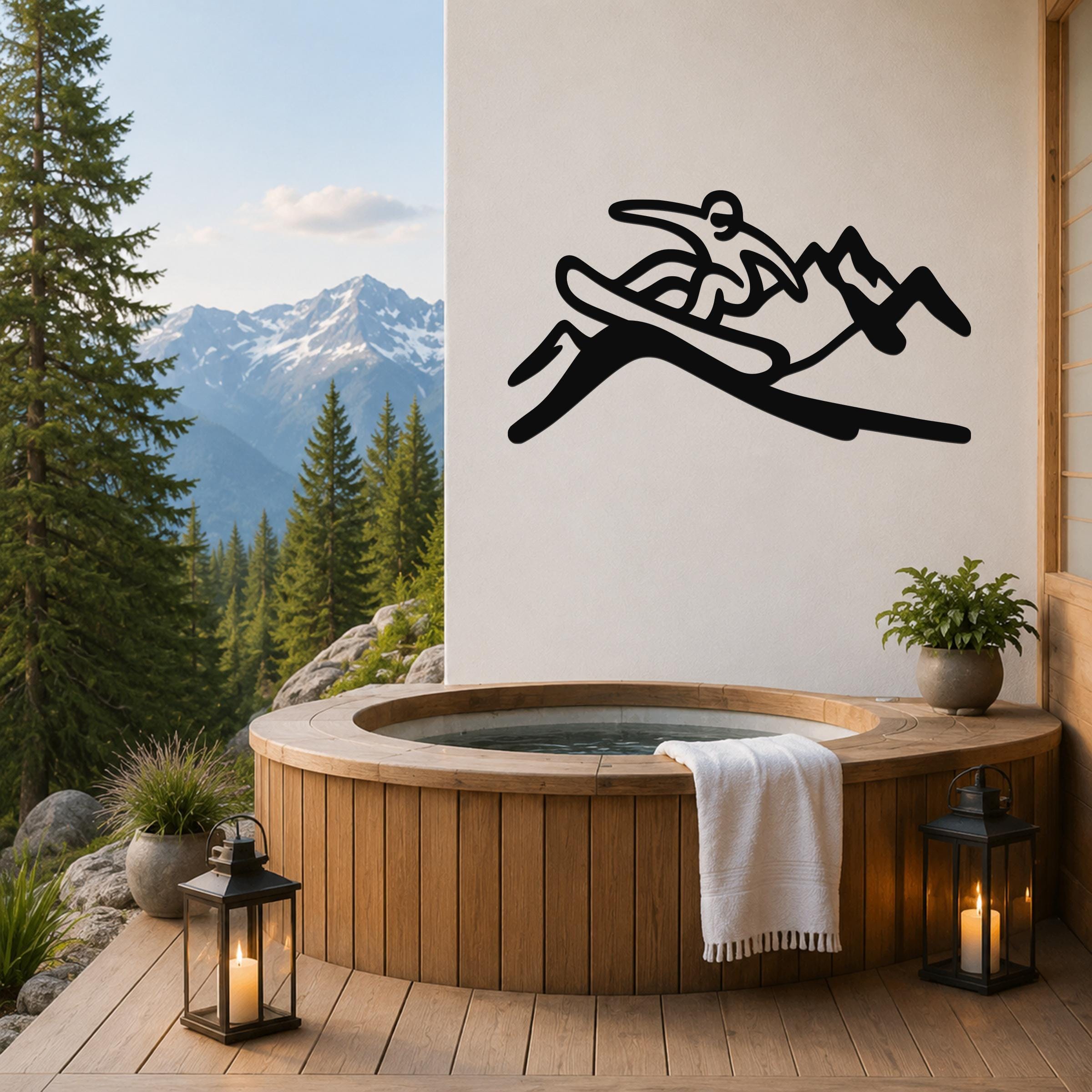 Black metal wall art silhouette of a snowboarder in motion, mounted on a white wall above a wooden hot tub on a mountain-view deck.