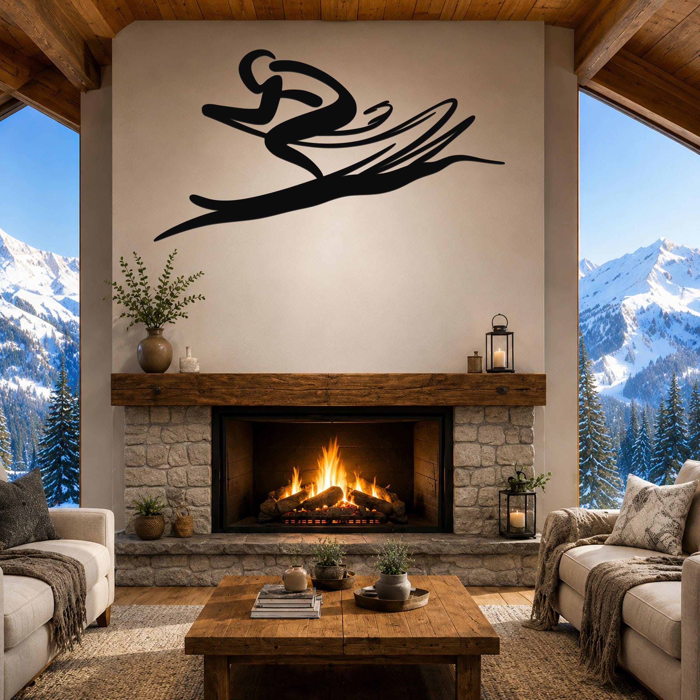 Black metal wall art in a dynamic skier silhouette with motion lines, mounted above a stone fireplace in a rustic living room.