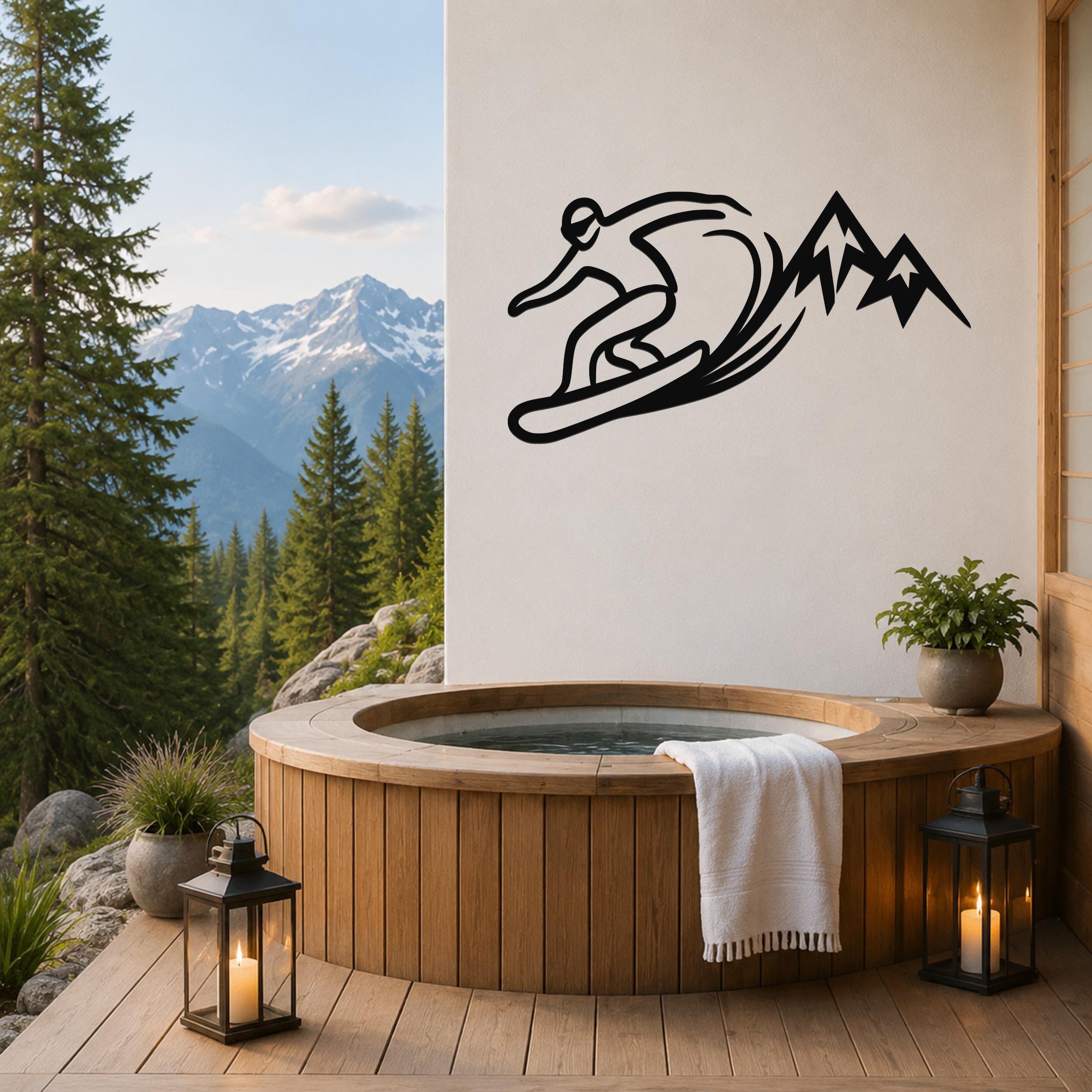 Black metal wall art silhouette of a snowboarder carving over mountain peaks, mounted on a white wall above a wooden hot tub on a deck with a mountain view.