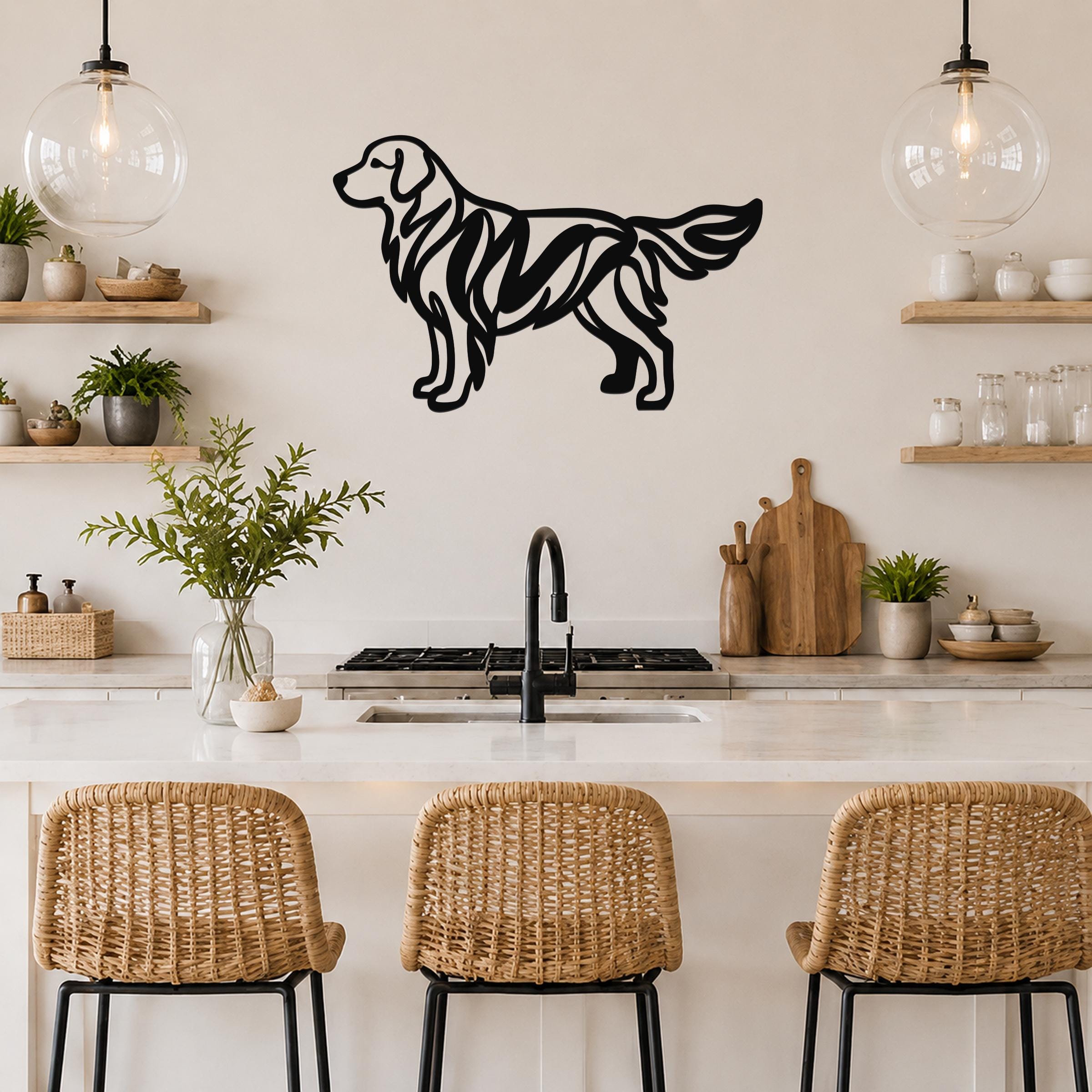 Black metal Golden Retriever wall art with internal cutout patterns, mounted on a kitchen wall above a counter.