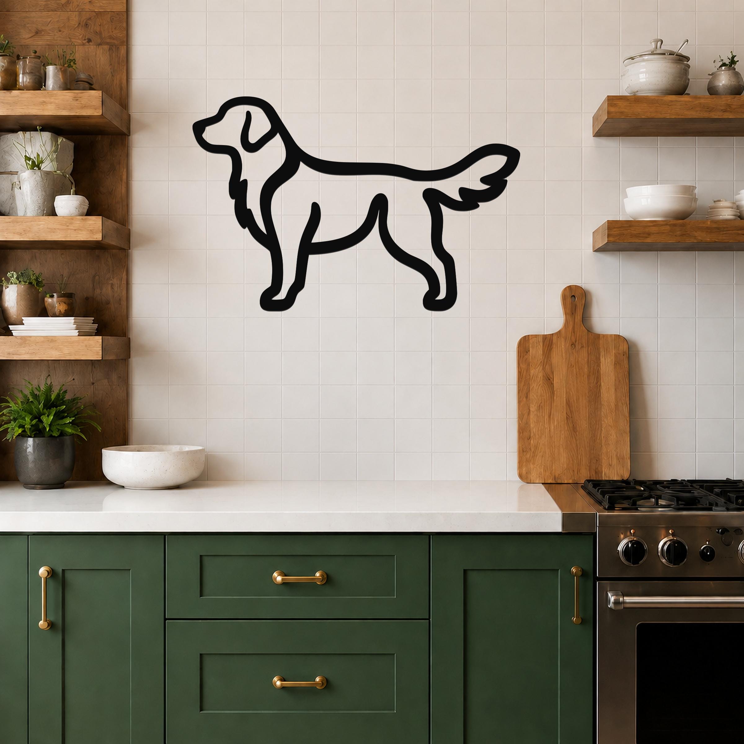 Black metal retriever silhouette wall art mounted on a tiled kitchen wall above a counter.