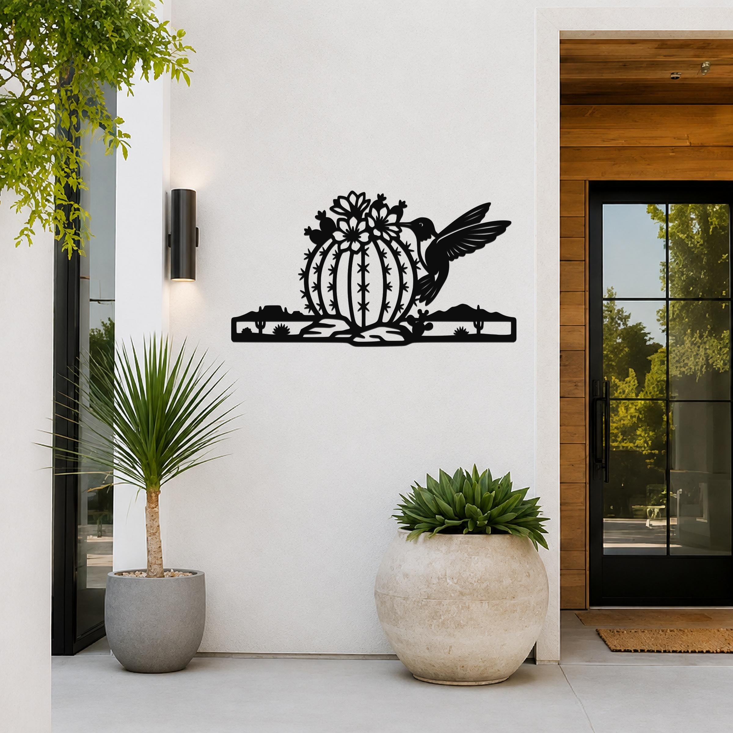 Barrel Cactus Metal Wall Art Desert Life Sculpture, Hummingbird Detail (Weatherproof Steel, Indoor Outdoor, Southwestern Style)