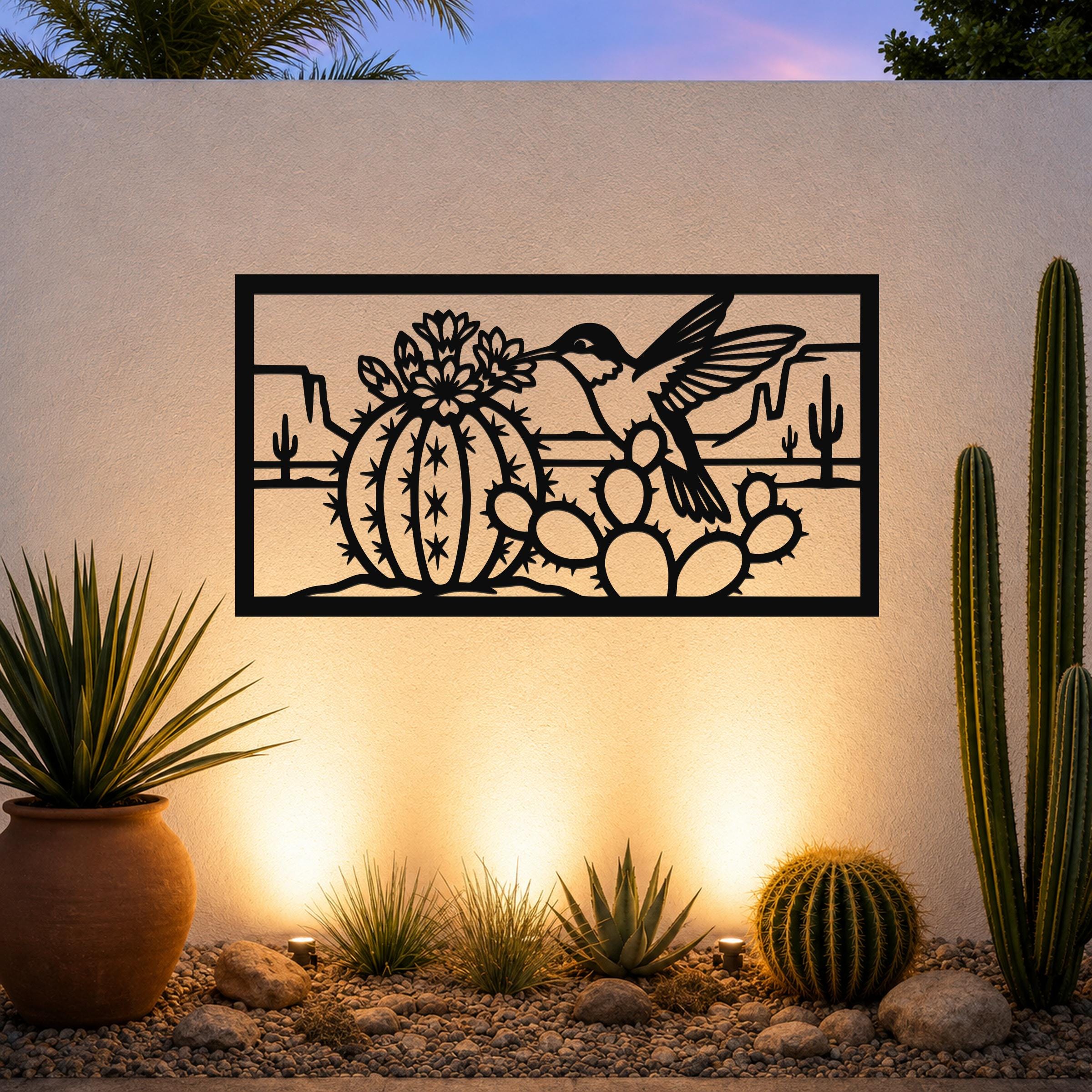 Desert Wildlife Art Metal Bird Sculpture: Southwest Botanical Scene, Weatherproof Metal (Indoor Outdoor Use, Nature Inspired Wall Decor)