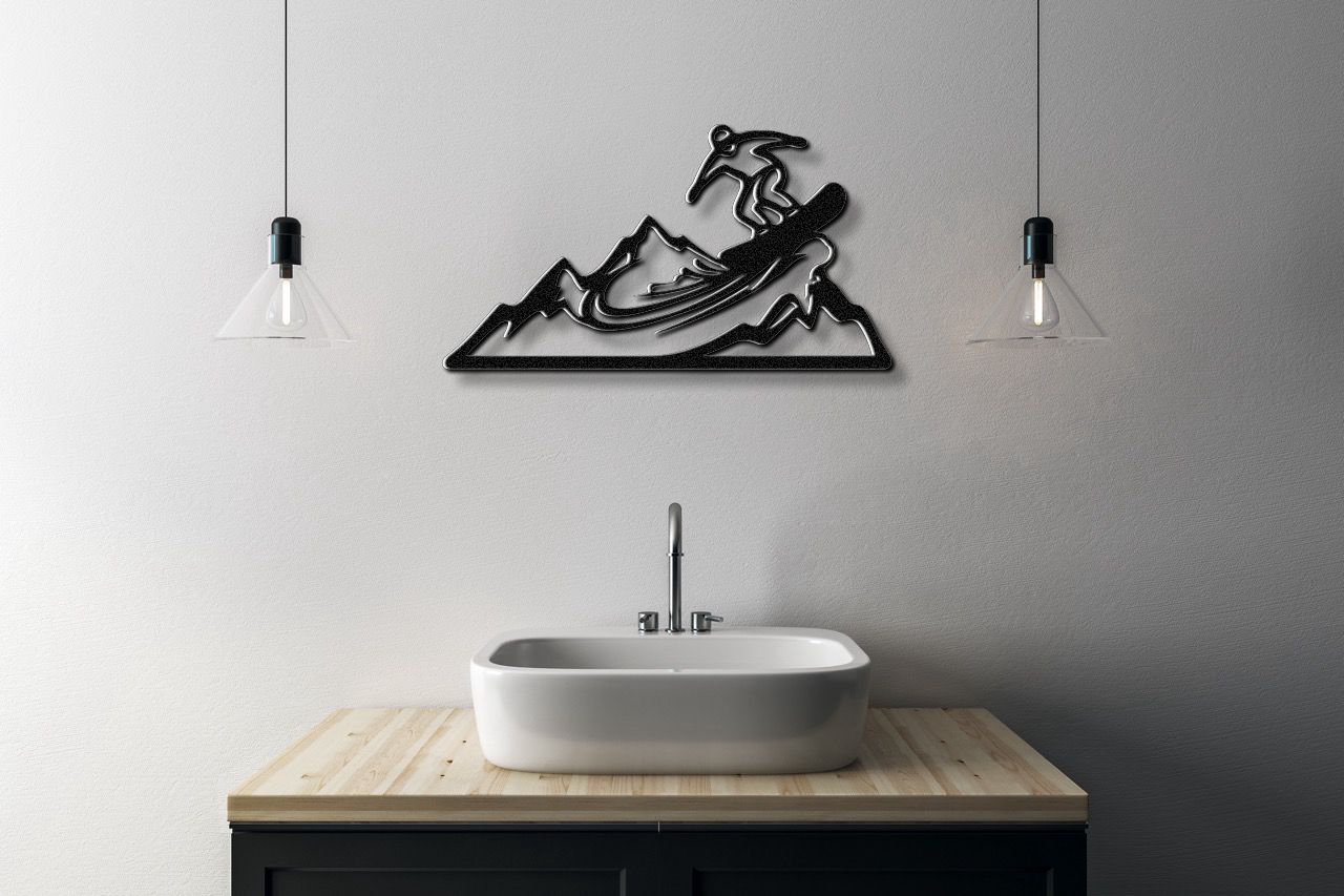 Snowboarder with Mountains Metal Wall Art