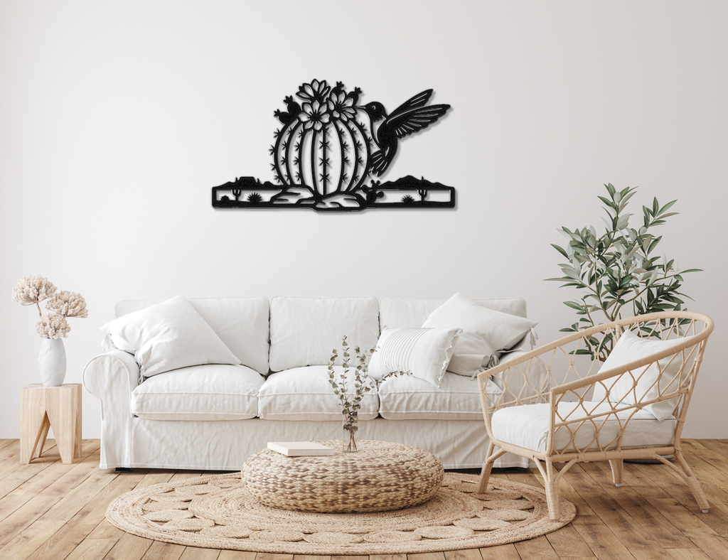 Hummingbird and Barrel Cactus Metal Wall Art