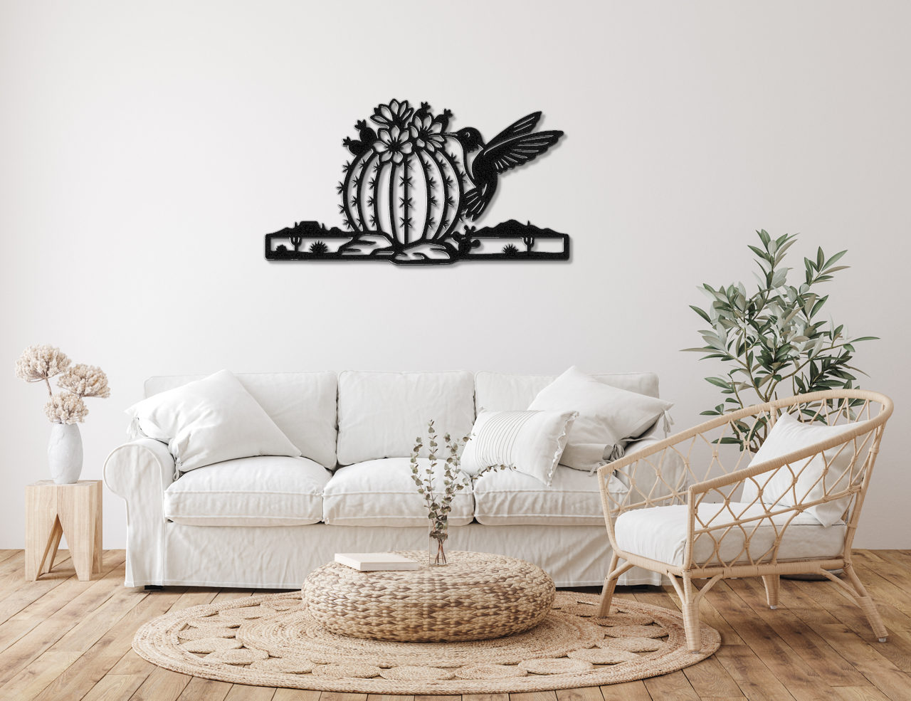 Hummingbird and Barrel Cactus Metal Wall Art