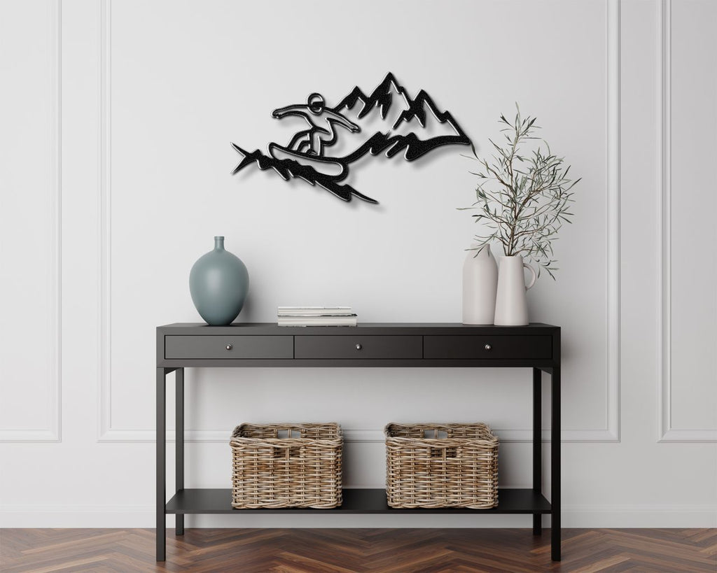 Snowboarder with Mountains Metal Wall Art
