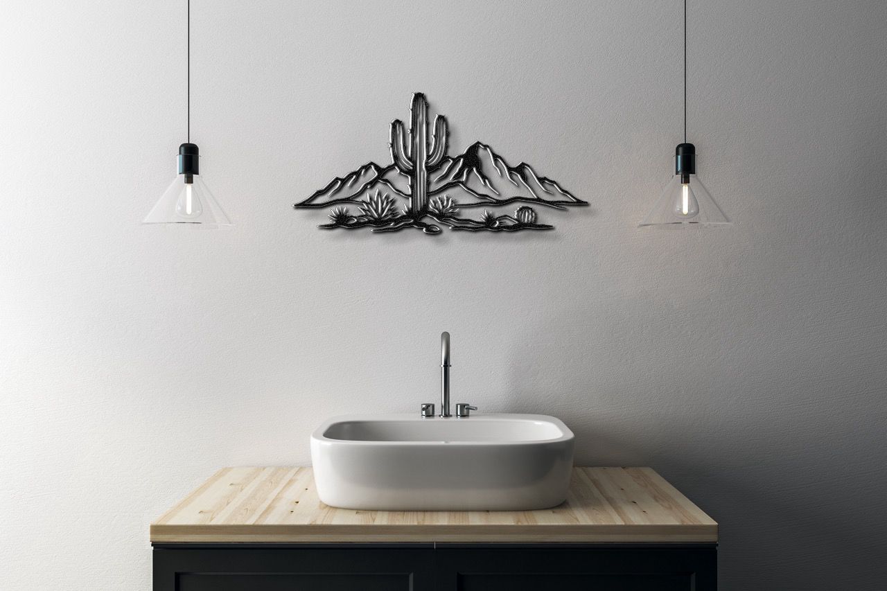Saguaro Cactus with Mountains Metal Wall Art