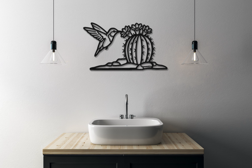 Hummingbird and Barrel Cactus Metal Wall Art