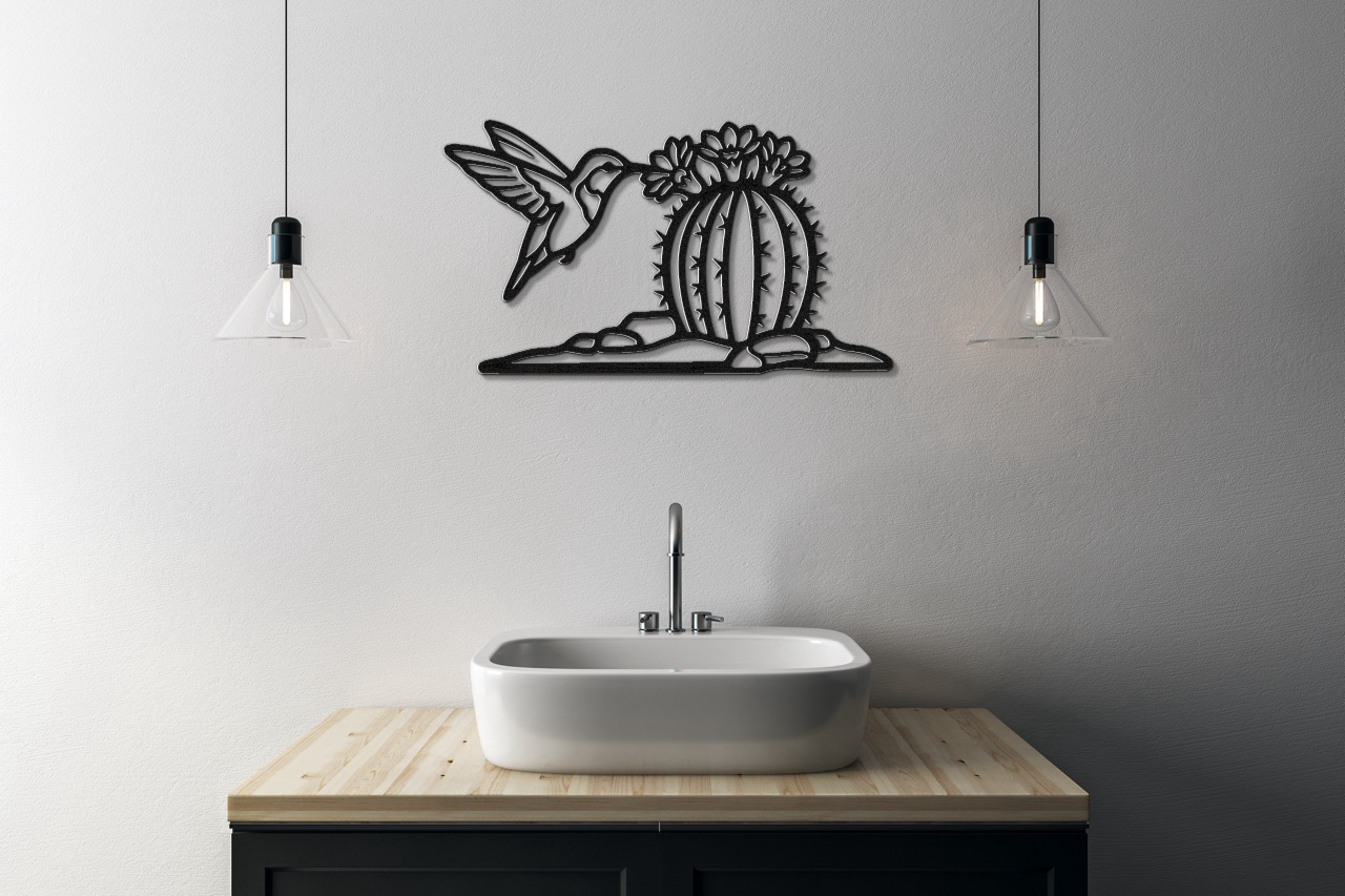 Hummingbird and Barrel Cactus Metal Wall Art