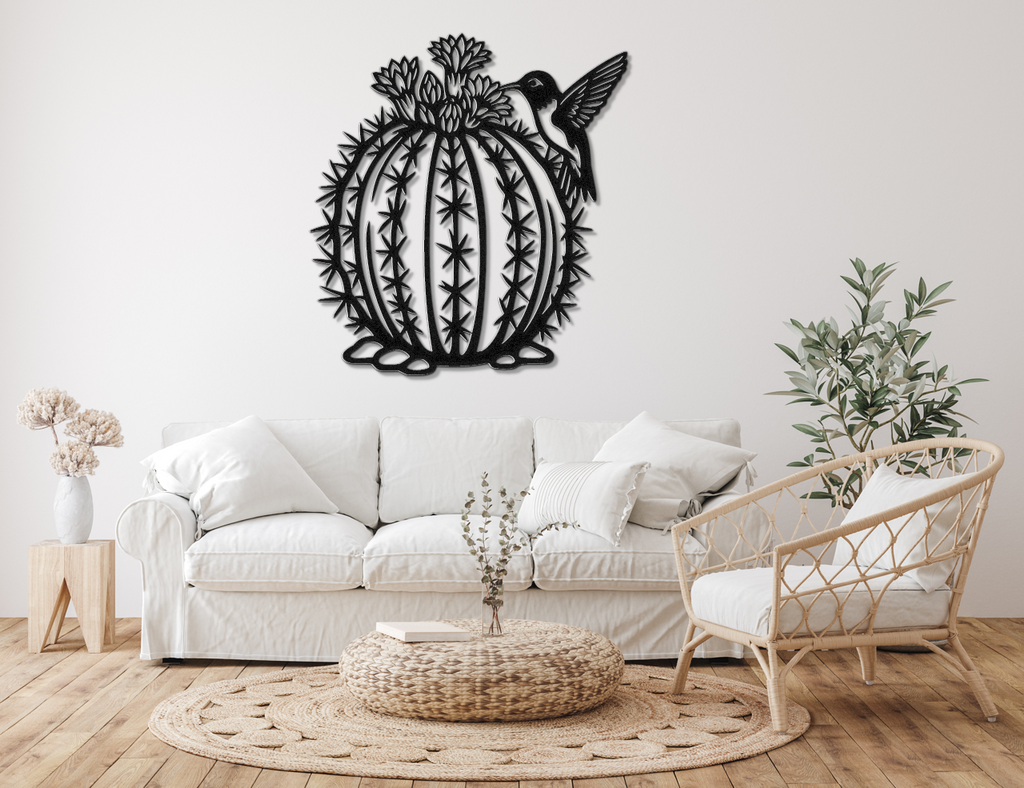 Hummingbird and Barrel Cactus Metal Wall Art