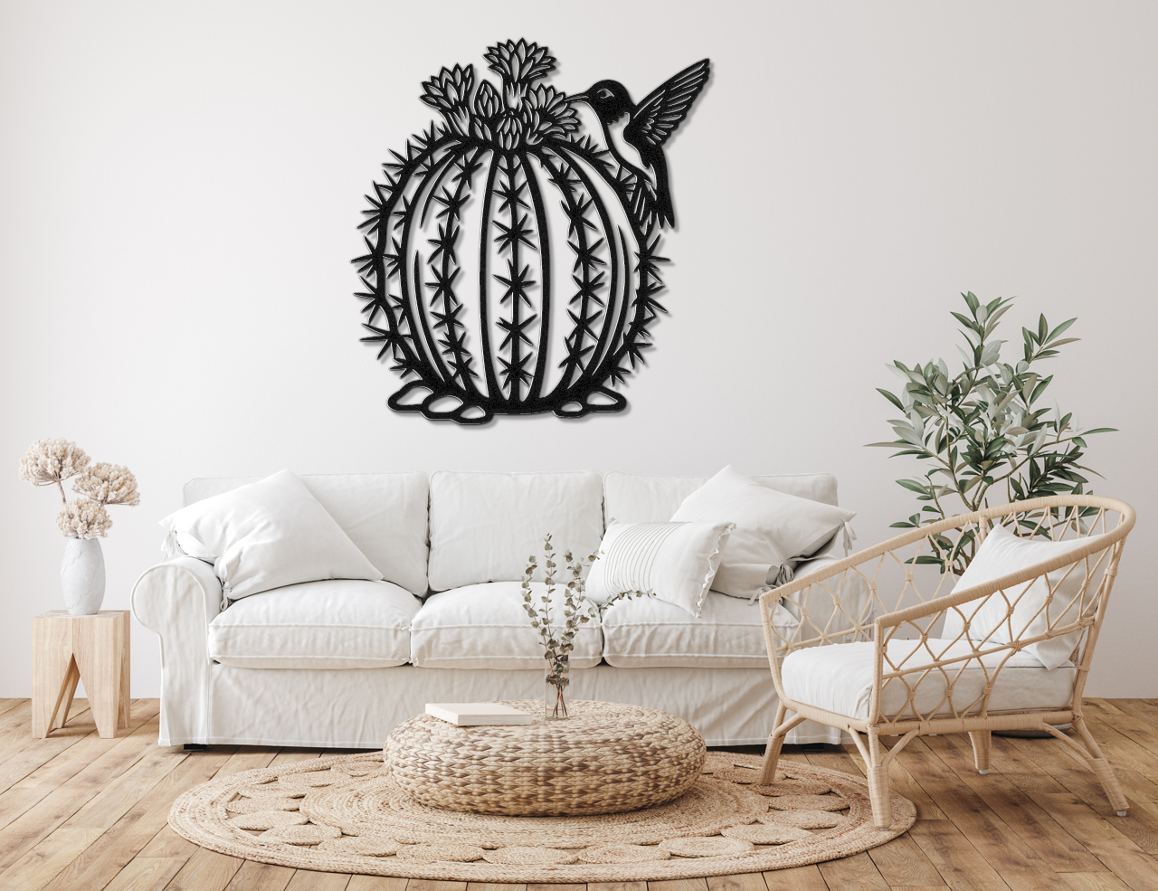 Hummingbird and Barrel Cactus Metal Wall Art