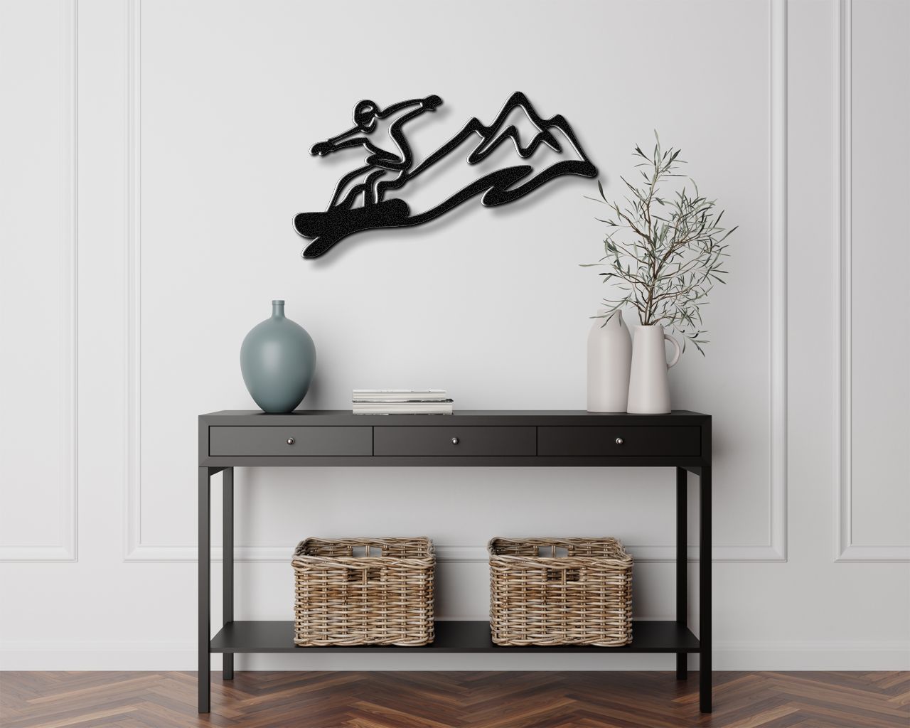 Snowboarder with Mountains Metal Wall Art