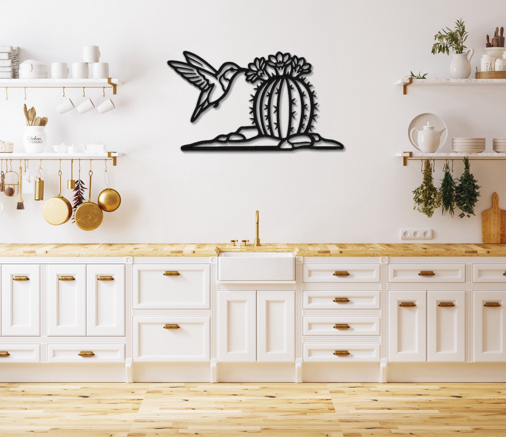Hummingbird and Barrel Cactus Metal Wall Art