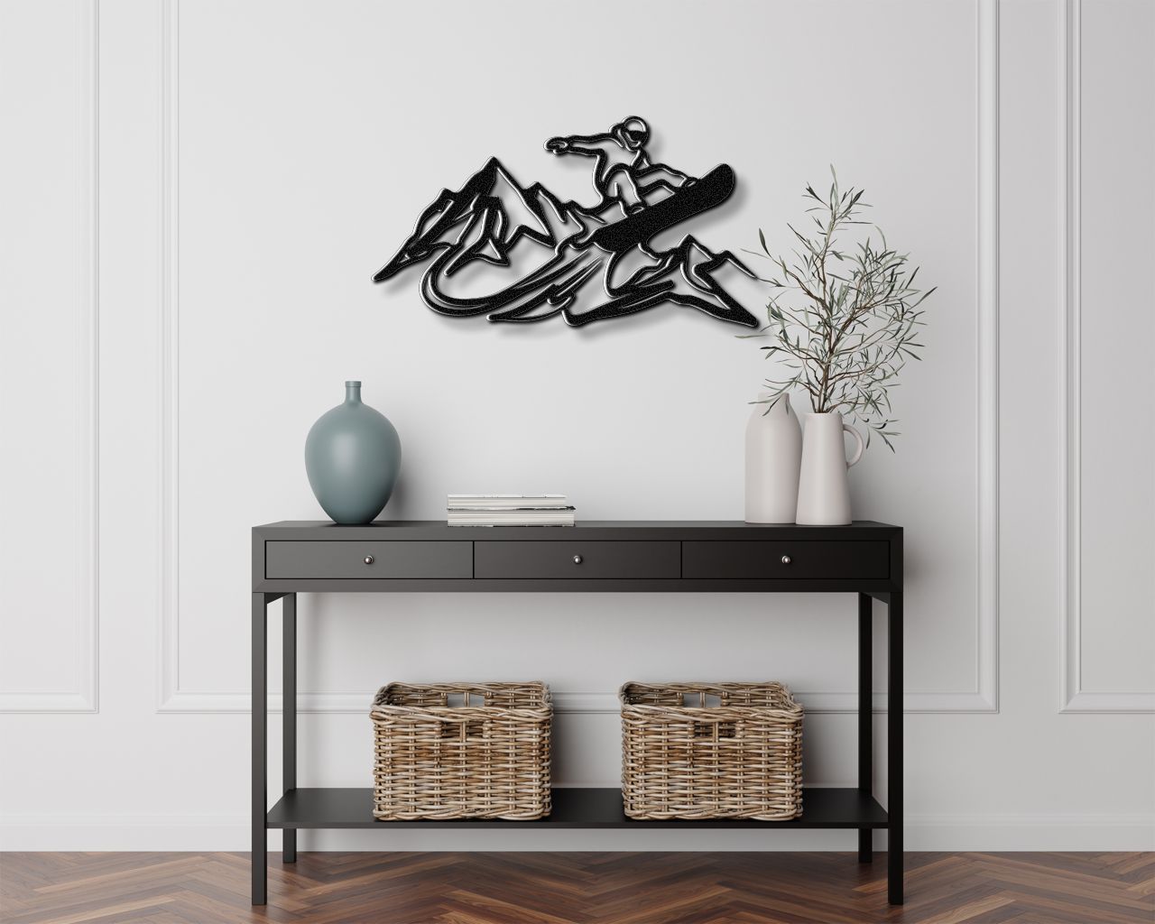 Snowboarder with Mountains Metal Wall Art