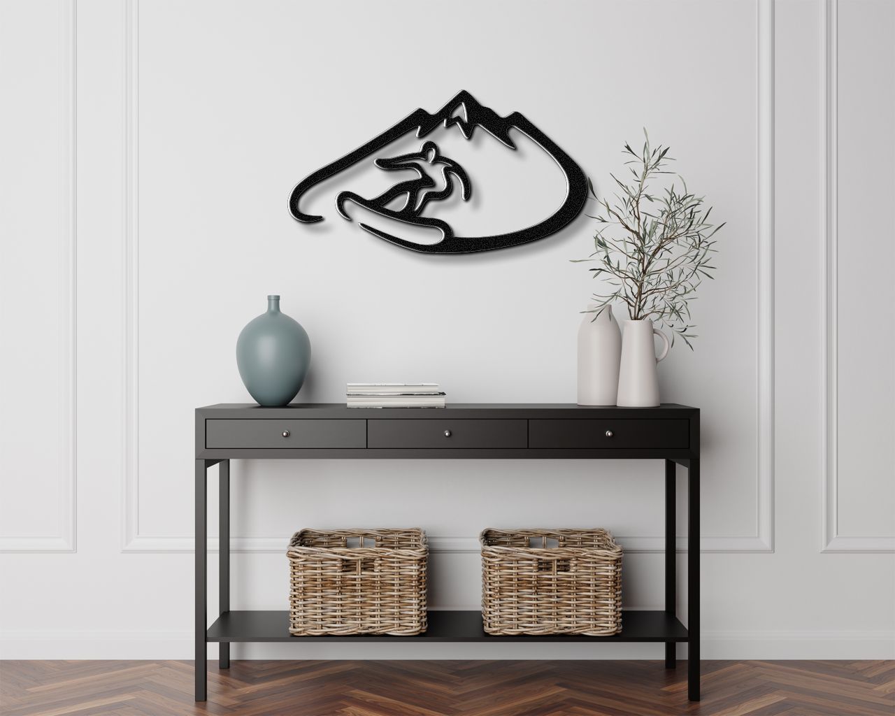 Snowboarder with Mountains Metal Wall Art