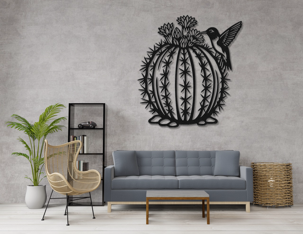 Hummingbird and Barrel Cactus Metal Wall Art
