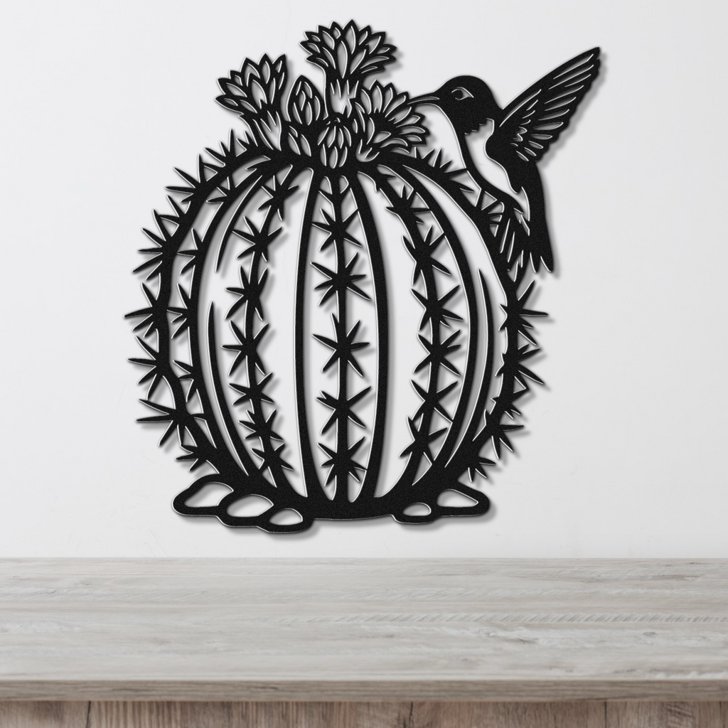 Hummingbird and Barrel Cactus Metal Wall Art